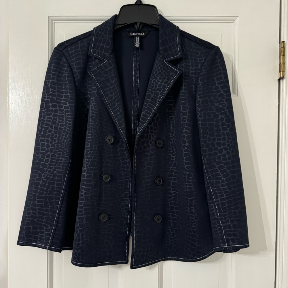 Ladies Ellen Tracy Animal Print Navy 3/4 Sleeve Blazer Size 10, white stitch- B2